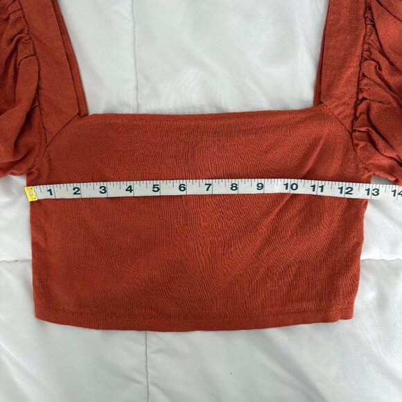 Pretty Little Thing Women's Orange Linen Crop top puffy sleeves size 2 - Picture 4 of 7